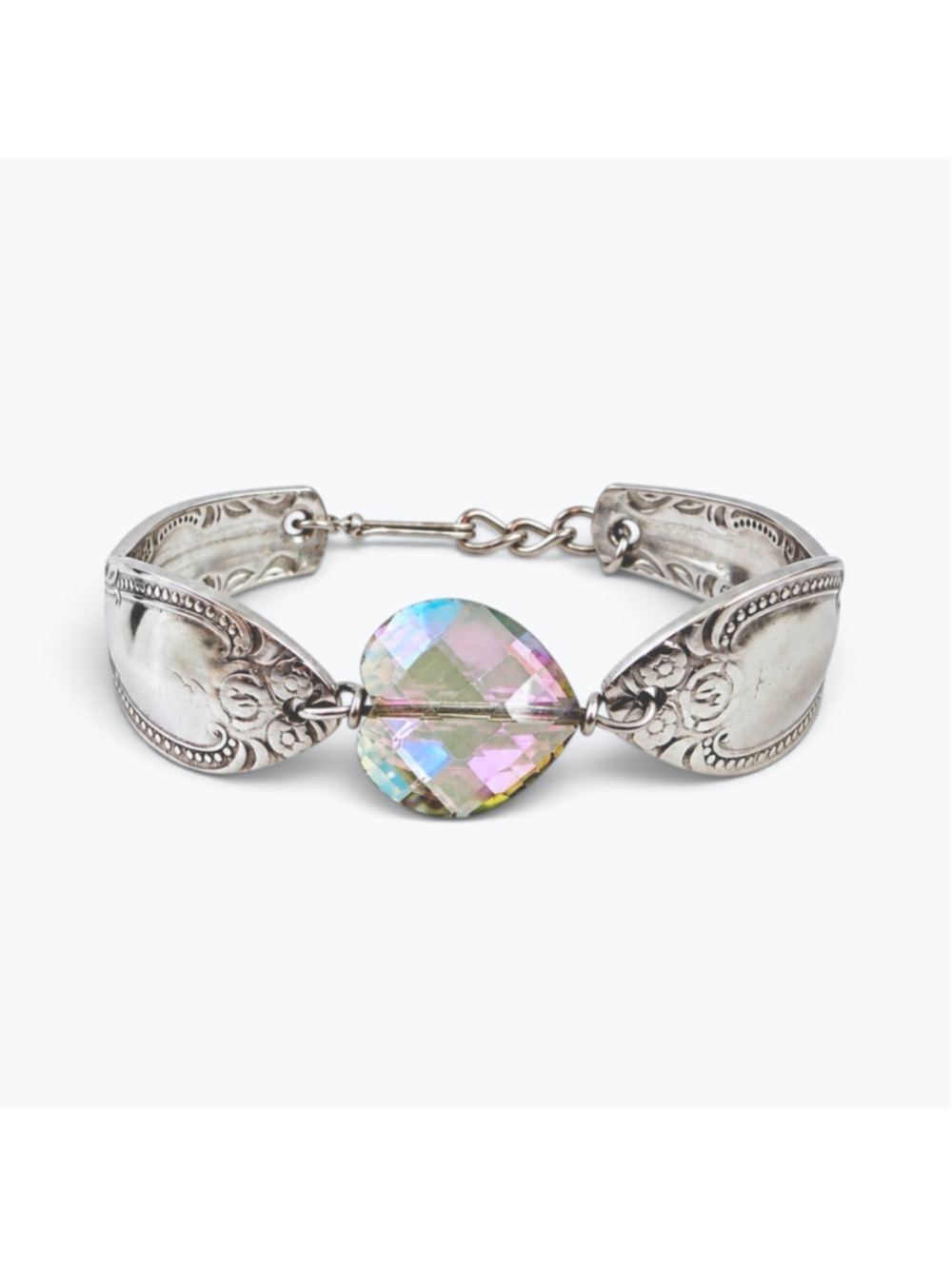 Handmade Vintage Spoon Bracelet Colorful Iridescent Swarovski Crystal Heart